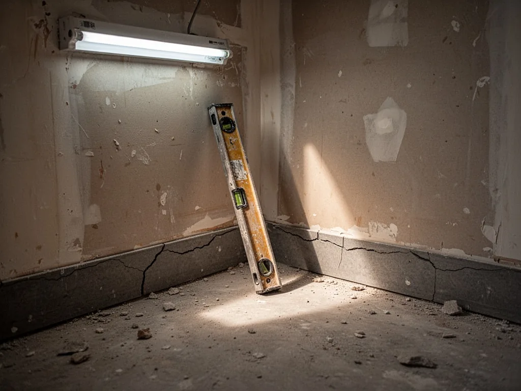 A dusty corner of a renovation site with a forgotten level leaning against a cracked baseboard, cold fluorescent light f